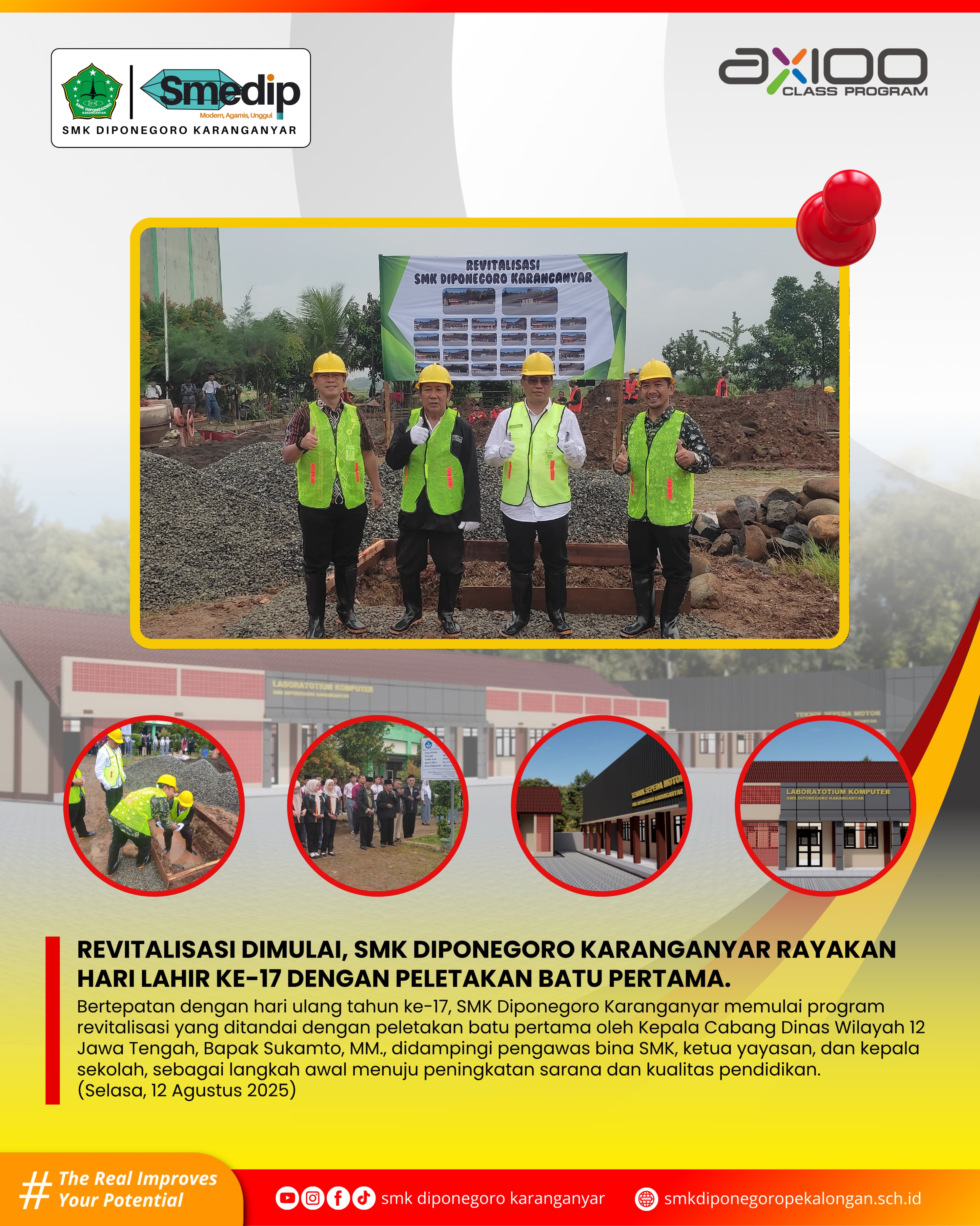 SMK Diponegoro Karanganyar Mulai Revitalisasi di Hari Ulang Tahun ke-17 dengan Peletakan Batu Pertama